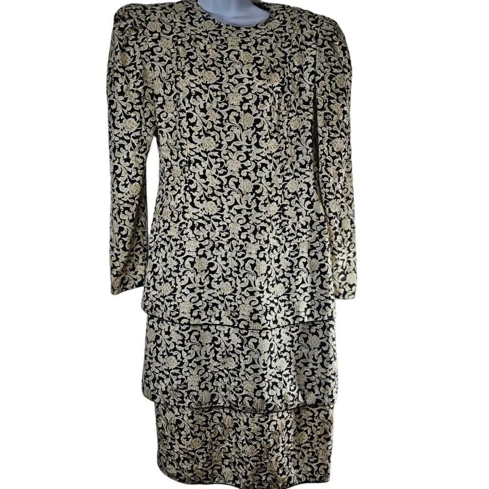 Vintage 80s Maggie London Dress Womens Size 8 Black Ivory Silk Drop Waist
